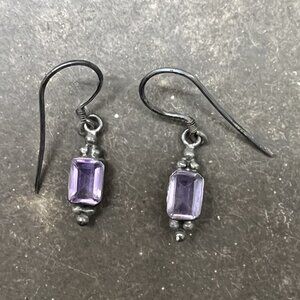 Vintage Amethyst and Silver Drop Earrings with Fish Hook Close